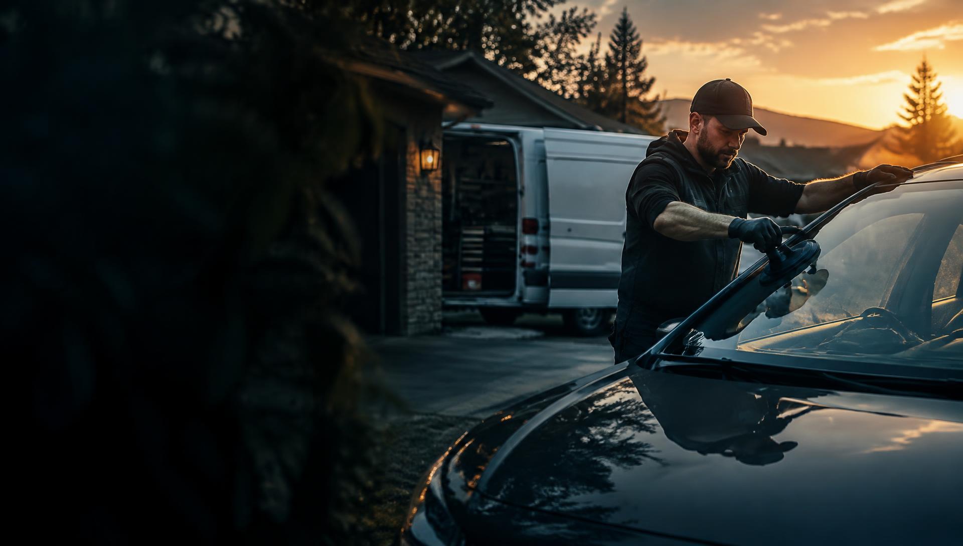 Mobile auto glass technician installing a windshield in a customer's driveway